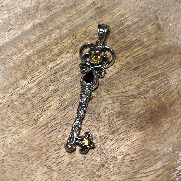 Vintage BJC Samuel Benham Garnet & Citrine Sterling Silver 18K Gold Key Pendant - Picture 4 of 16